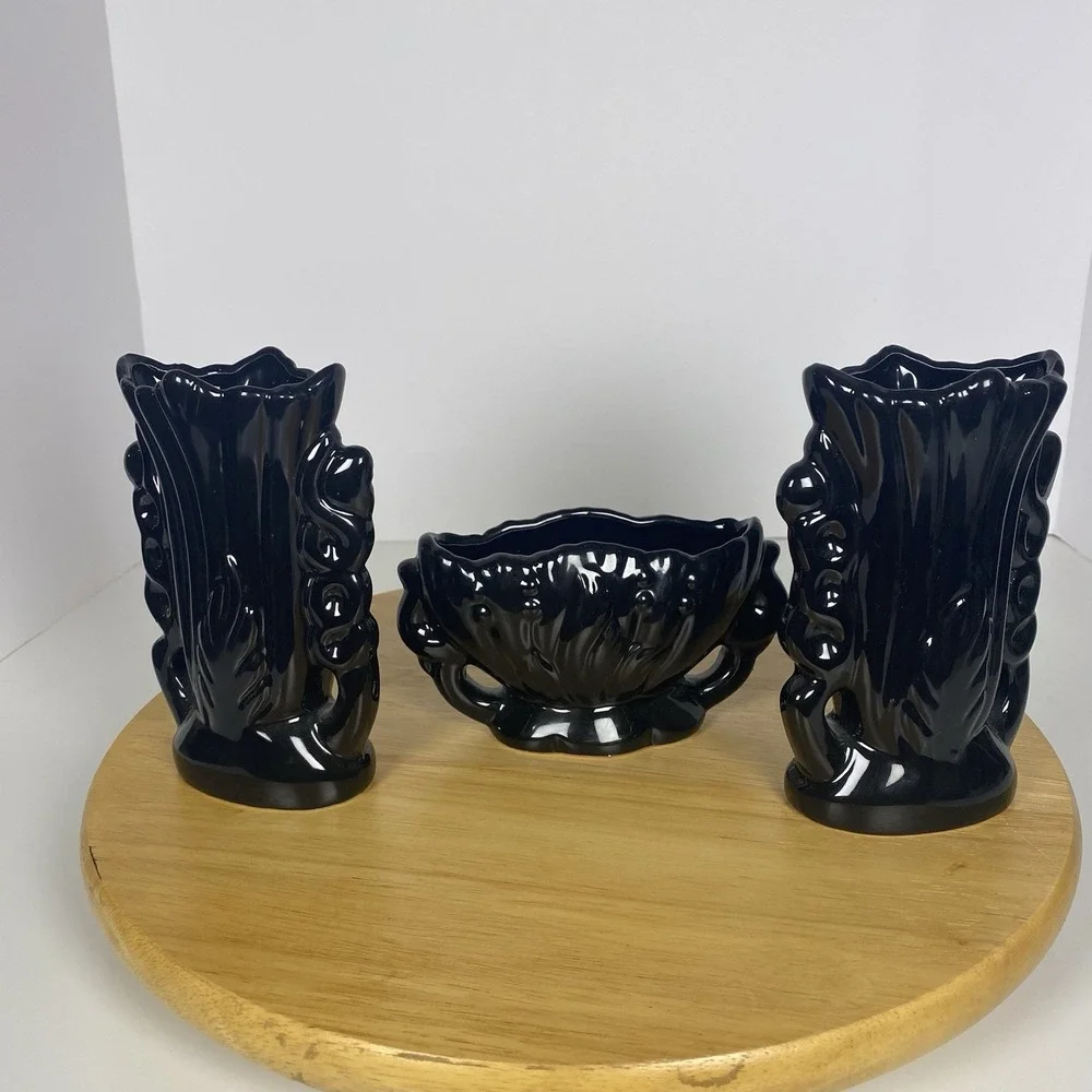 Japanese Style Black Boat Vase And Two Medium with Peacock Floral Scene 3 Pieces